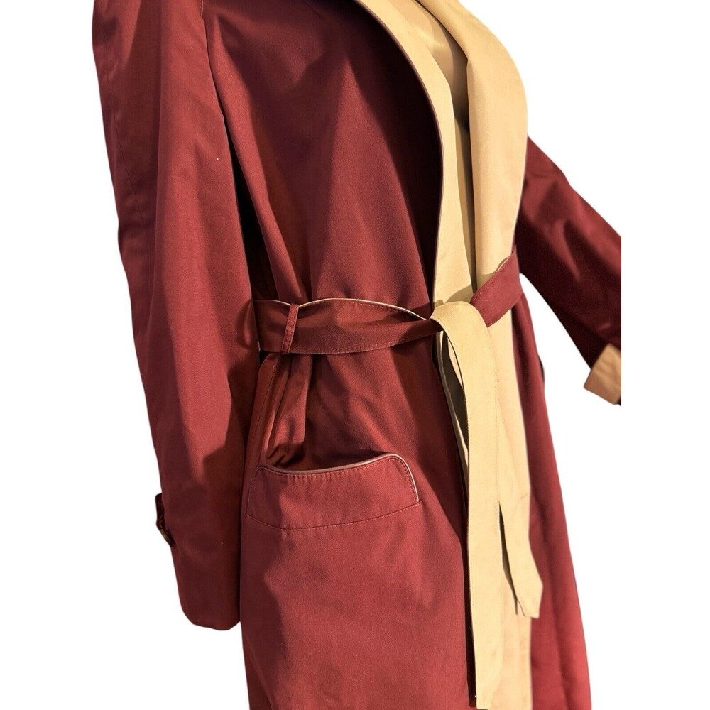 Etienne Aigner Reversible Hooded Trench Coat Size 12 Burgundy Khaki VTG belted - Picture 11 of 14